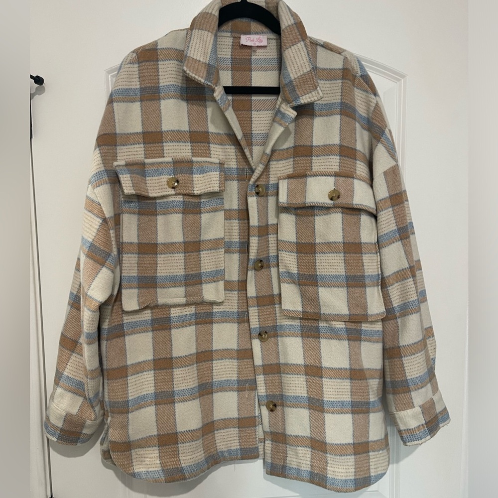 Pink Lily | Blue And Tan Plaid Shaket
